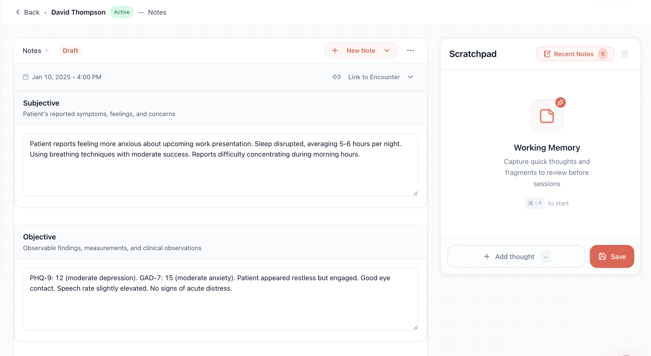 CoralEHR Clinical Notes interface with SOAP format and scratchpad