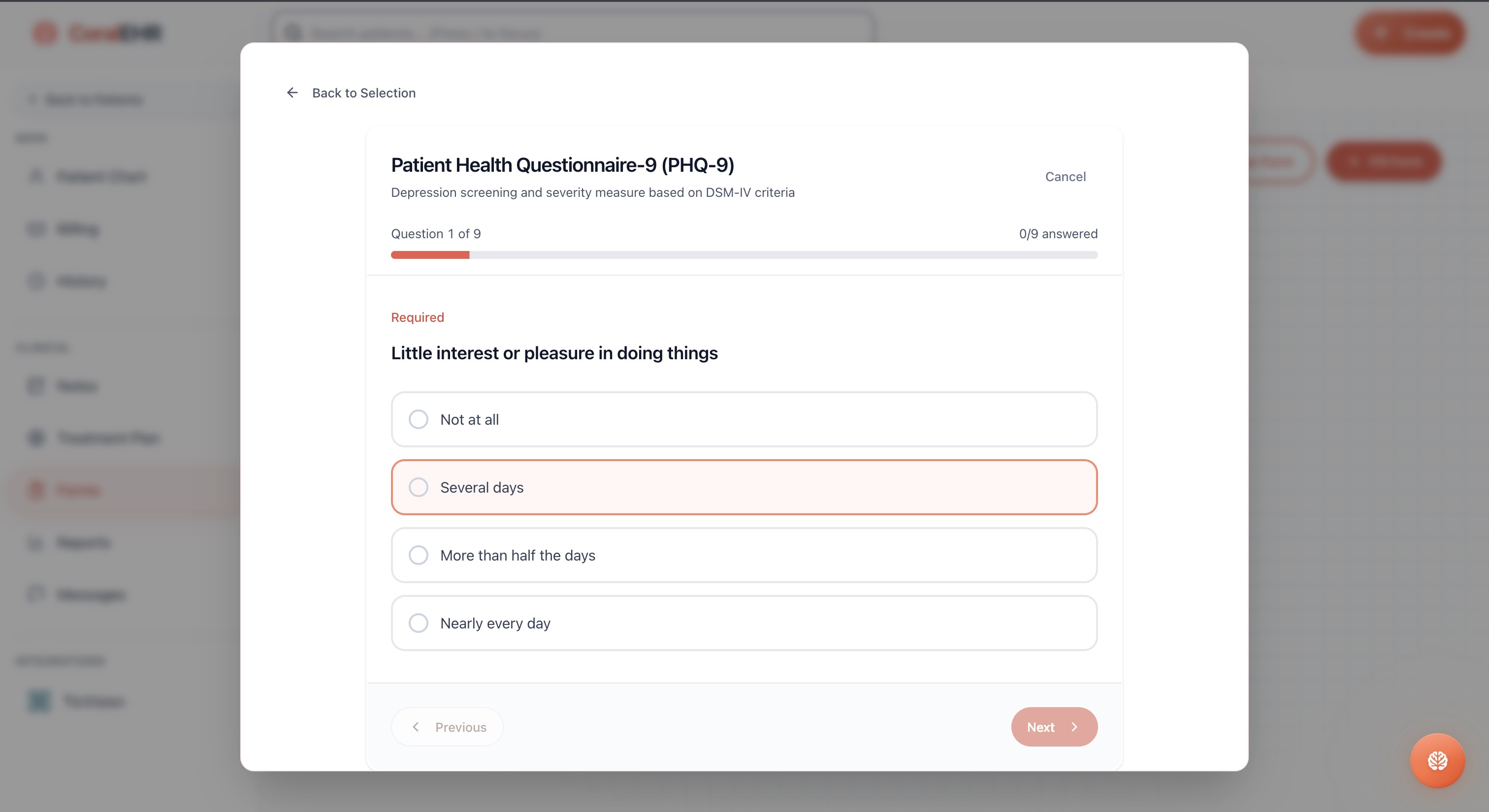 PHQ-9 questionnaire being filled out