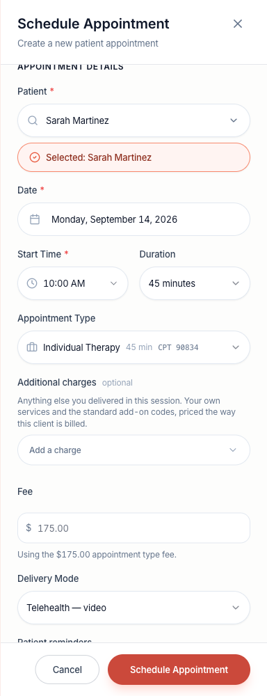 Example of a 45-minute appointment with Telehealth - video selected.