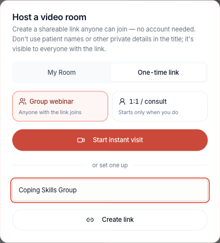 Select Group webinar, then Create link. The guest screen explicitly describes a public webinar.