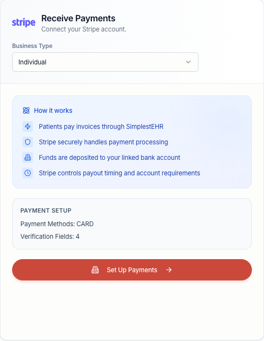The Receive Payments setup card on Revenue.