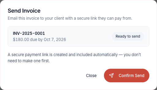 Confirm Send sends the email and includes a secure payment link.