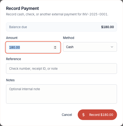 Record Payment is for cash, check, or payments processed elsewhere.