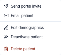 The patient row menu contains Send portal invite and Edit demographics.