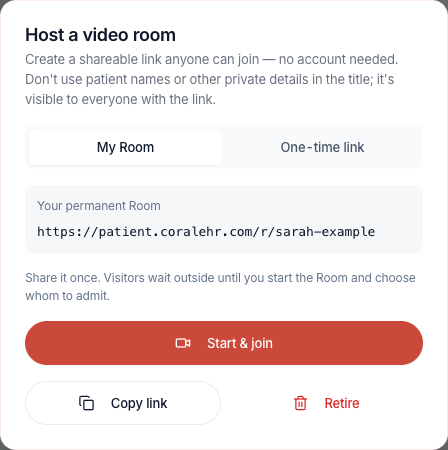 My Room provides Start & join, Copy link, and Retire.