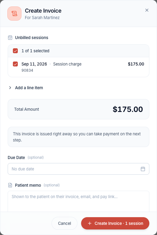 Review the selected service, total, due date, and patient memo before creating.