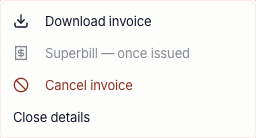 The superbill action is disabled while the invoice is a draft.