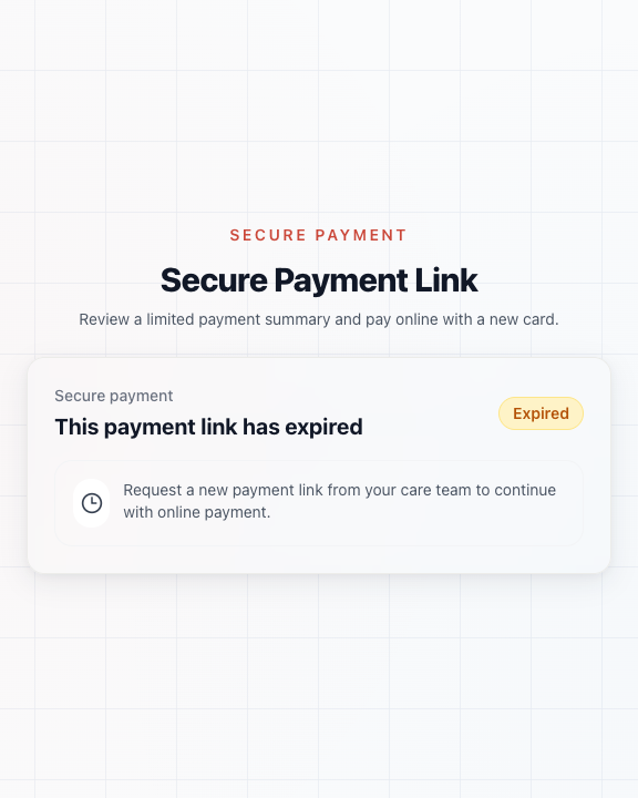 The expired-link page asks the patient to request a new link.