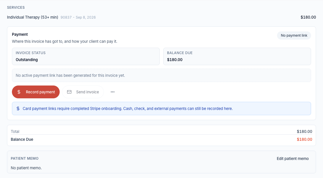 An issued invoice with Stripe unavailable: Record payment remains available, while Send invoice is disabled.