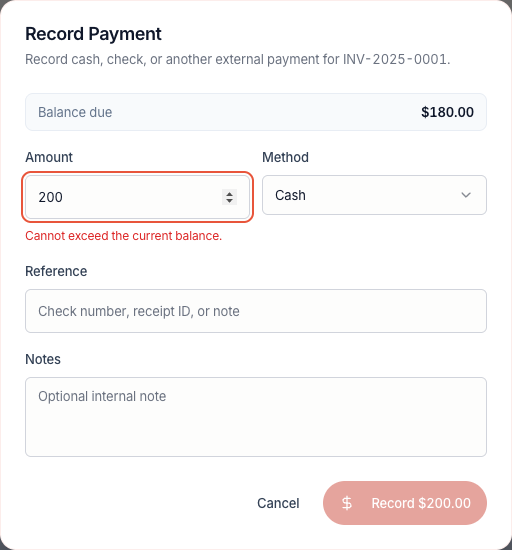 “Cannot exceed the current balance” explains why Record $200.00 is disabled.