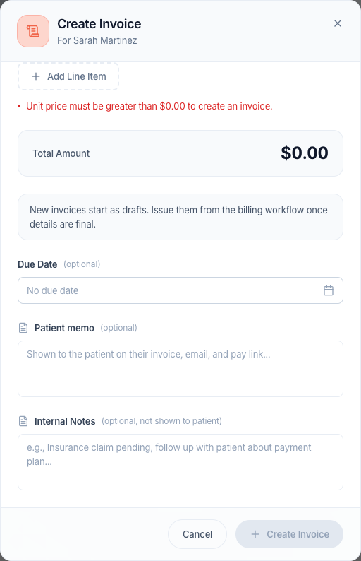 A missing price leaves Create Invoice disabled. Scroll within the form to review its total.