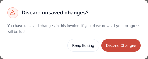 Keep Editing returns to the form. Discard Changes removes the unsaved work.