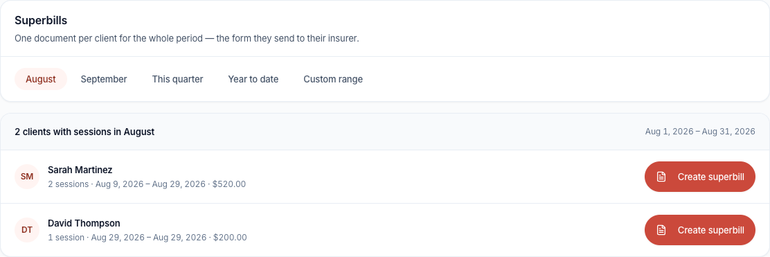 Choose the service period, then Create superbill for the patient.