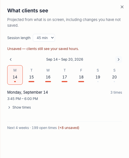 Preview shows the hours currently on screen. The Unsaved notice explains that patients still see saved hours.