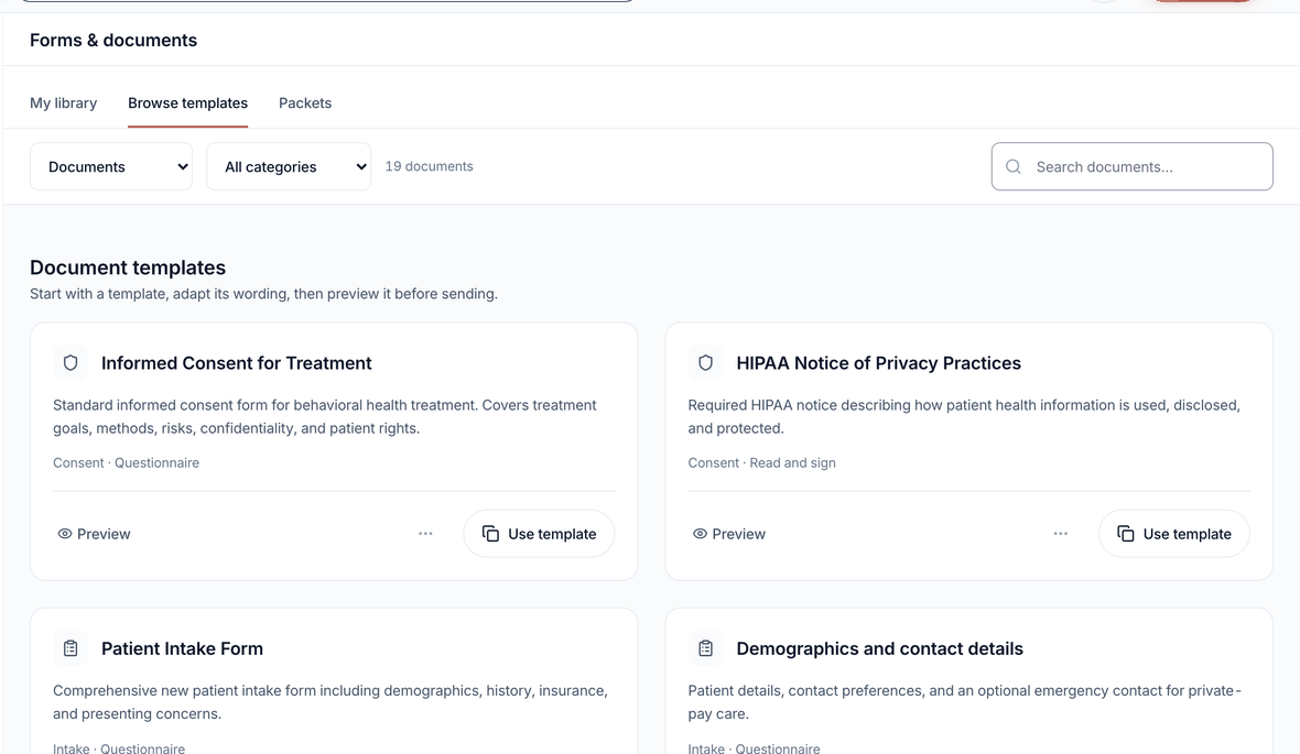 Browse templates lists the document catalog with a category filter, Preview, and Use template.