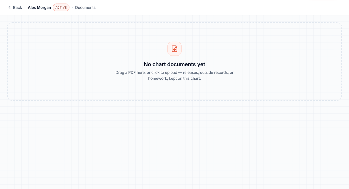 Chart documents accepts PDFs that belong to one client, such as releases or outside records.