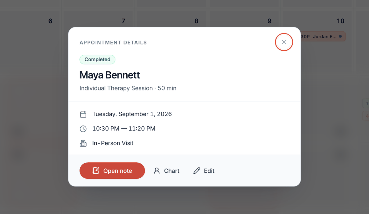 Clicking an appointment opens its details, with Open note alongside Chart and Edit.