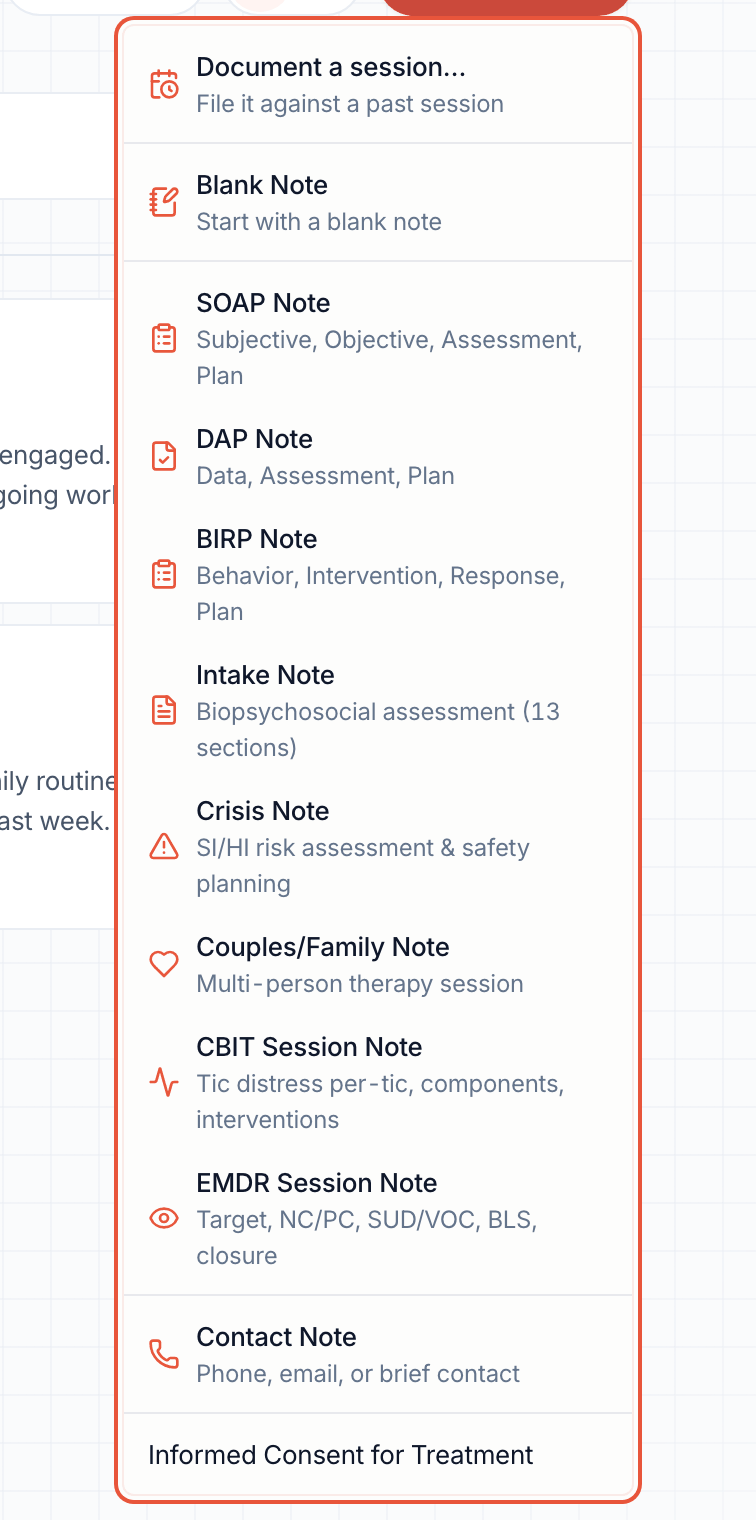 New Note lists the session formats, the specialised notes, and Document a session.