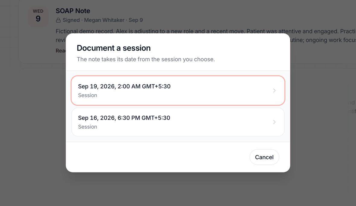 Document a session lists the client’s visits; the note takes its date from the one you choose.