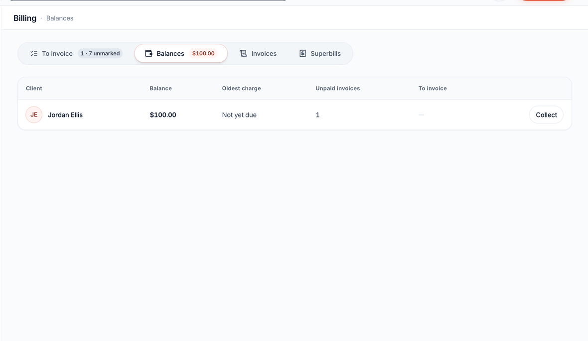 Balances shows each client’s outstanding amount, the age of the oldest charge, and Collect.